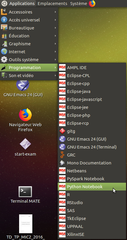 Capture d'écran du menu