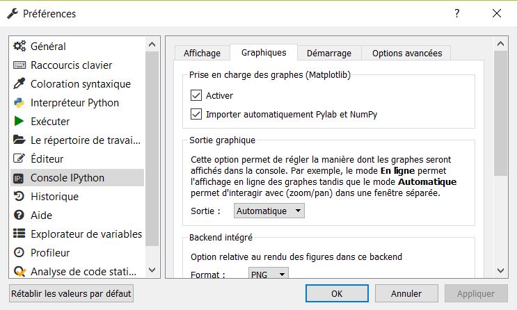 Capture d'écran du paramétrage spyder